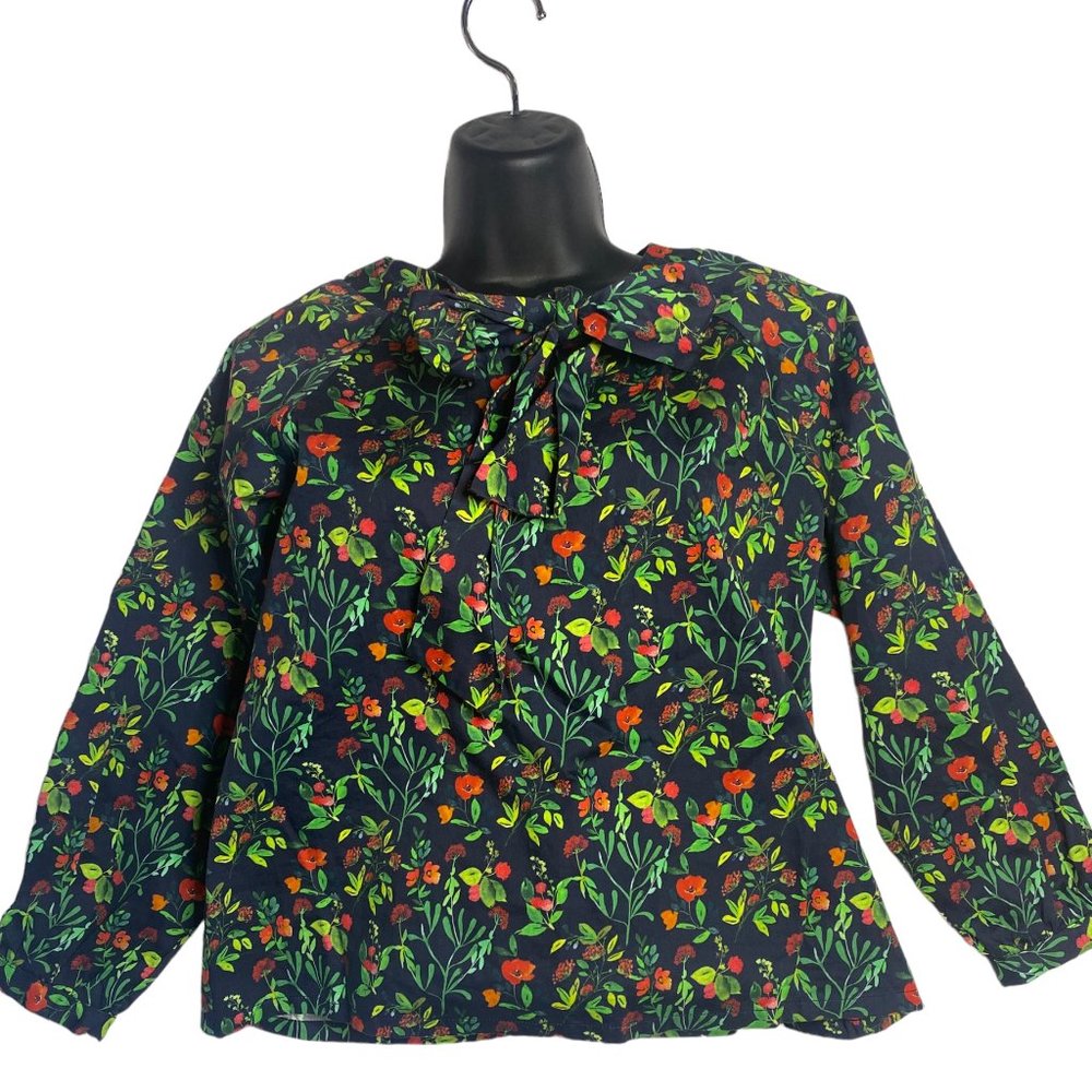 Oscar De La Renta Blue Floral Tie Neck Blouse